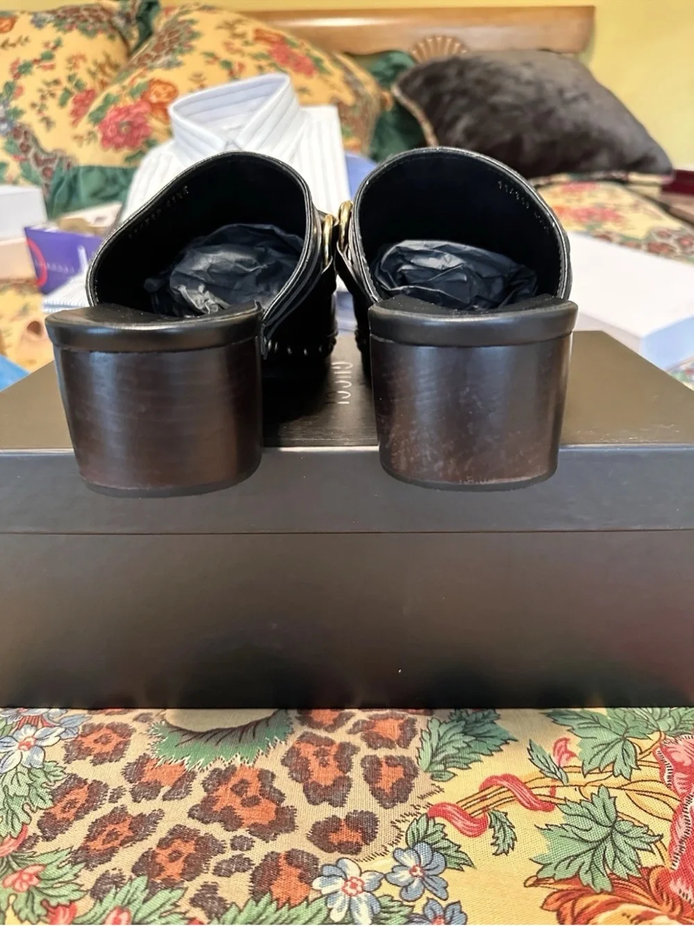 Gucci Black Leather Platform Slide Sandals with Gold Hardware